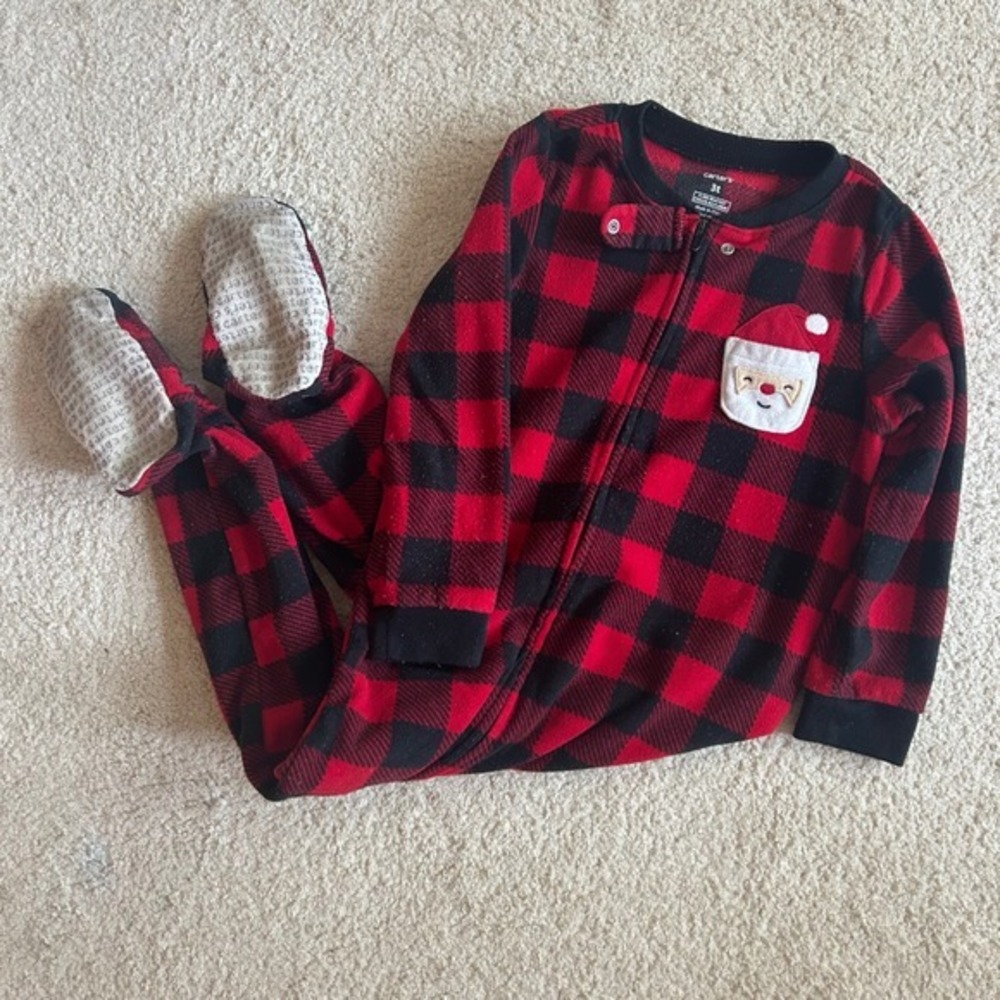 Carters 3T Christmas‎ Holiday Santa One Piece Footie Pajamas Jammies Red Black